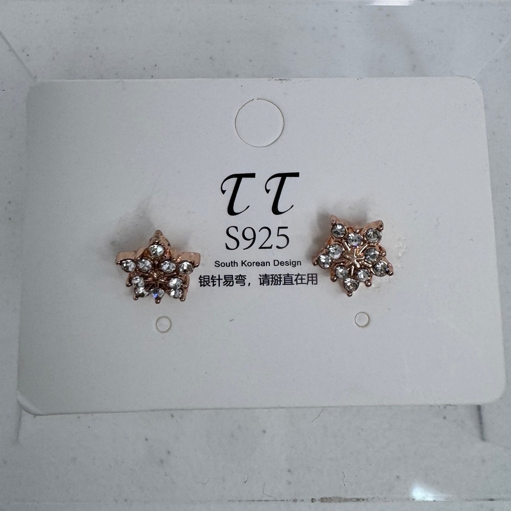 Rose Gold Star Stud Earrings Clear Crystal Celestial Glam Chic Sterling Silver‎